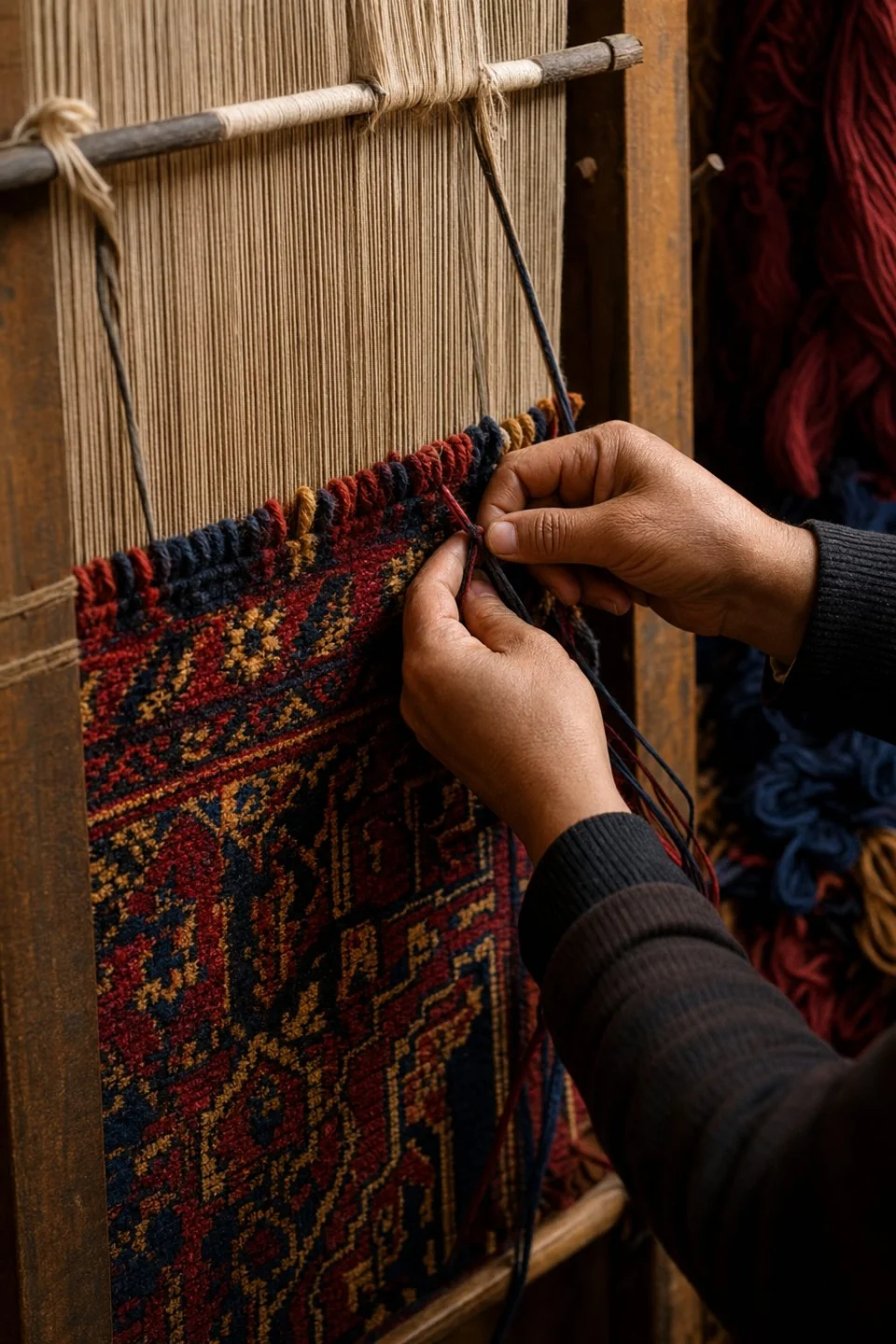 Hand-knotting on a rug loom