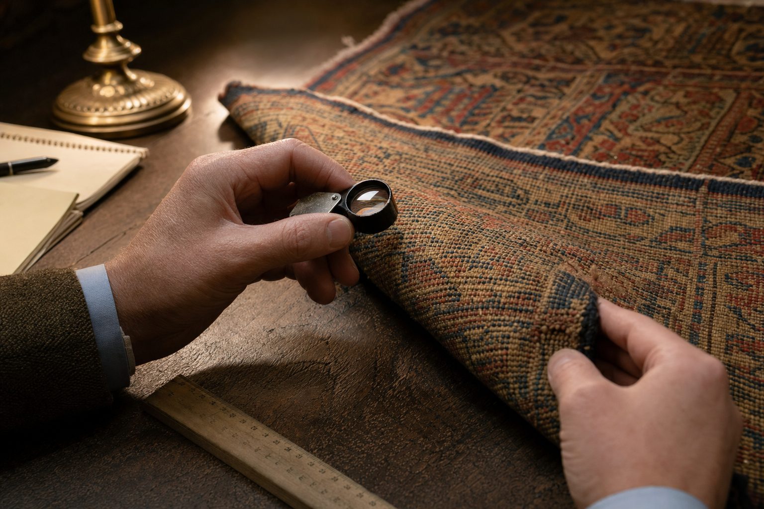 A rug being examined