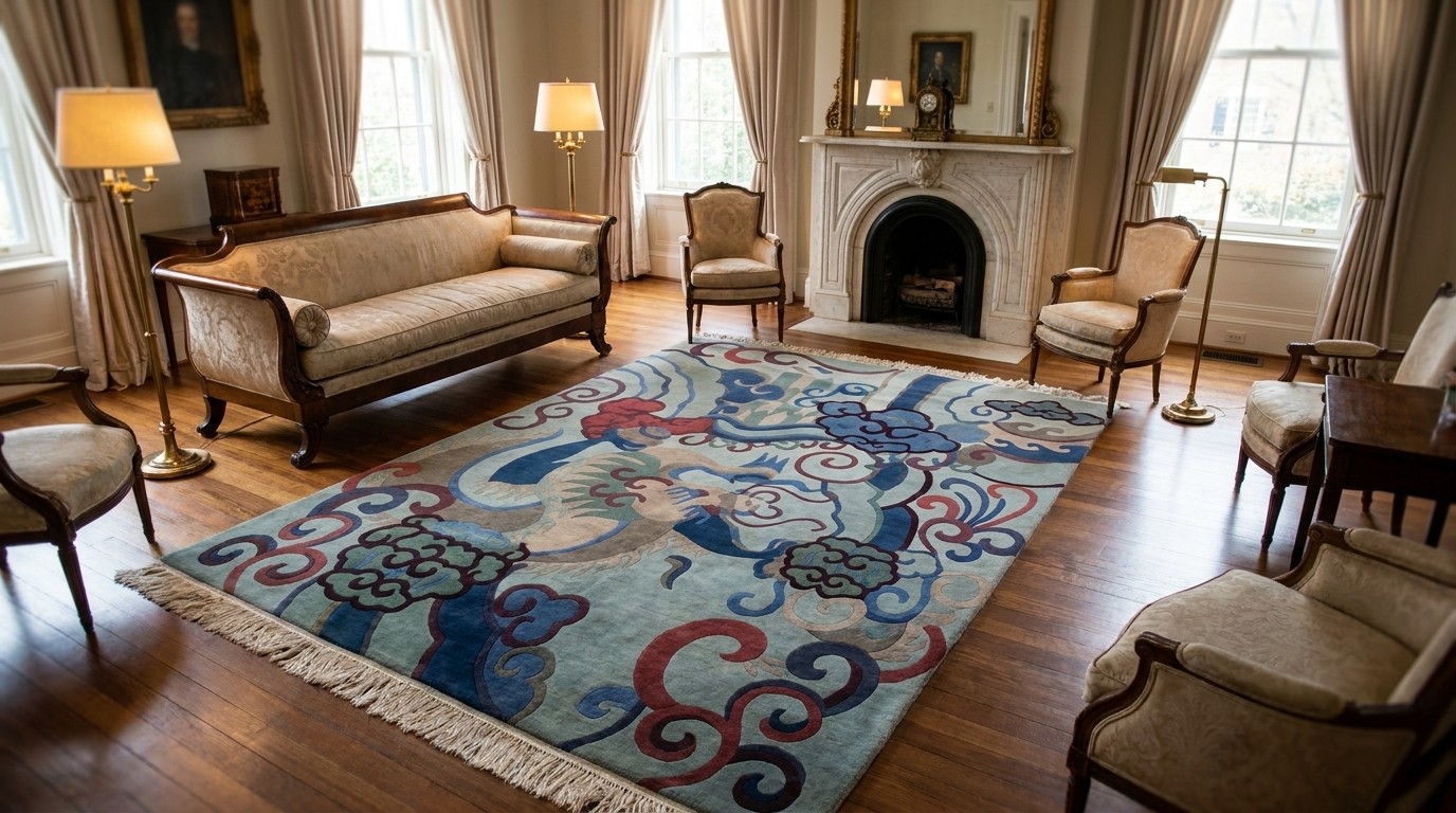 Blue Burgundy Dragon Motif Rug