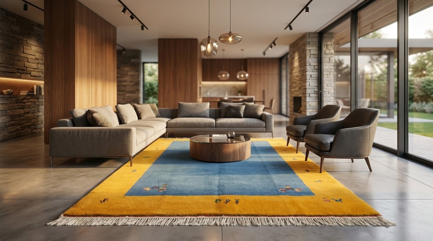 Blue Gold Solid Border Rug