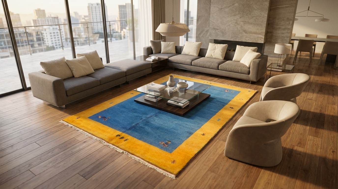 Gold Blue Diamond Border Rug