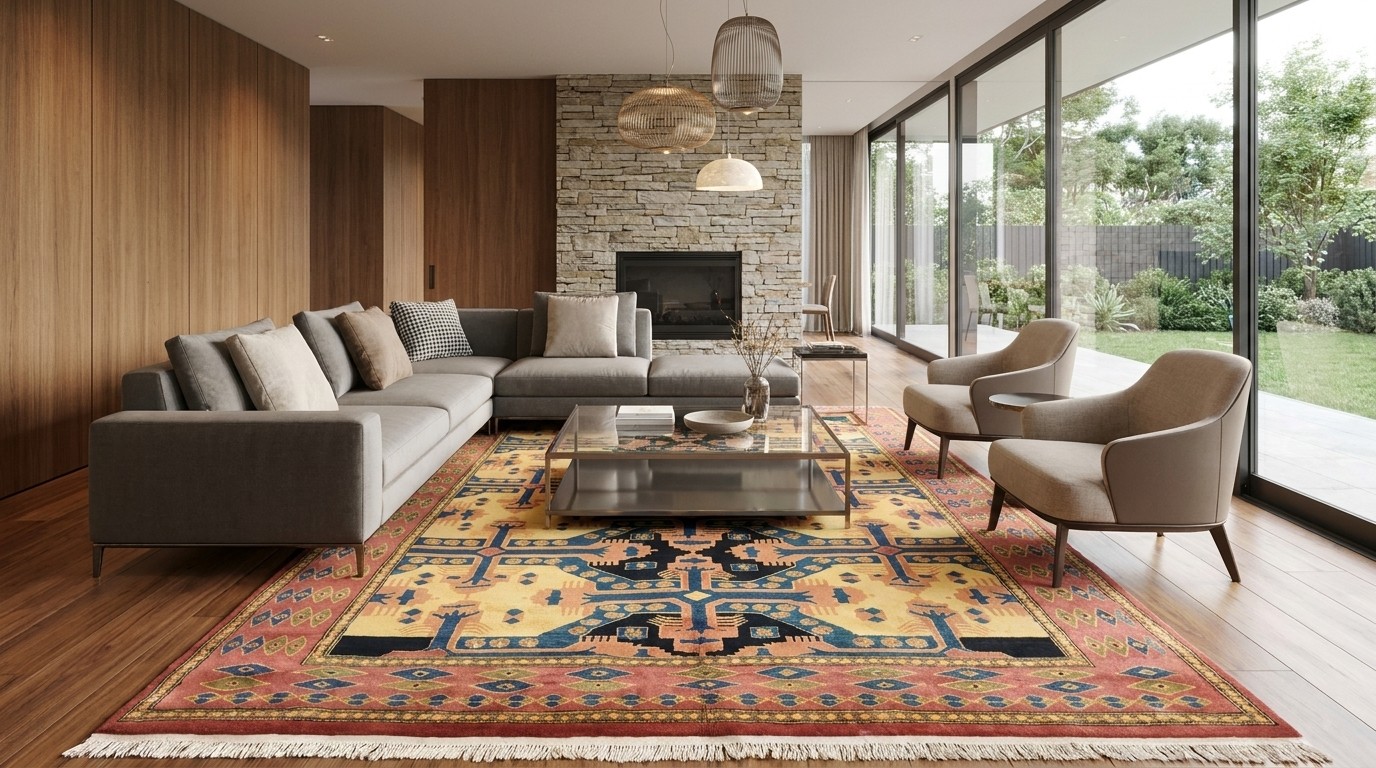 Gold Navy Geometric Panel Rug