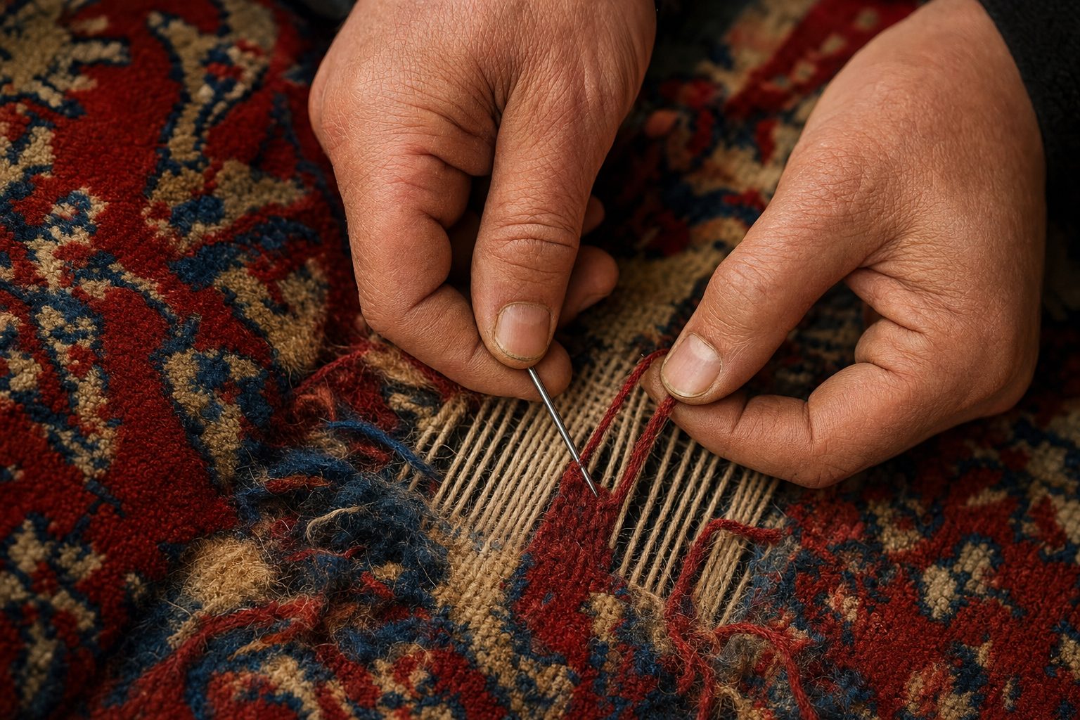 Close hands reweaving a damaged section of an antique rug